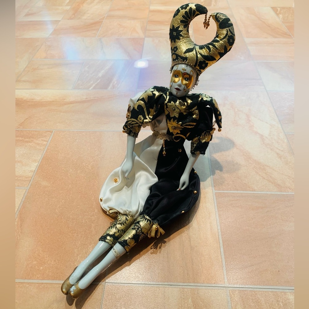 Vintage Gold & Black Jester Clown 21" Porcelain Doll Figurine
